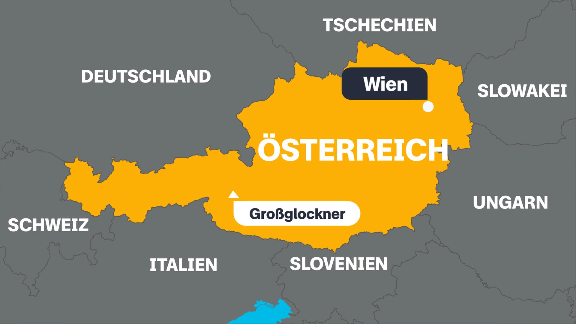 Eine Karte von Österreich mit der Hauptstadt Wien, dem höchsten Berg (Großglockner) und den angrenzenden Ländern.