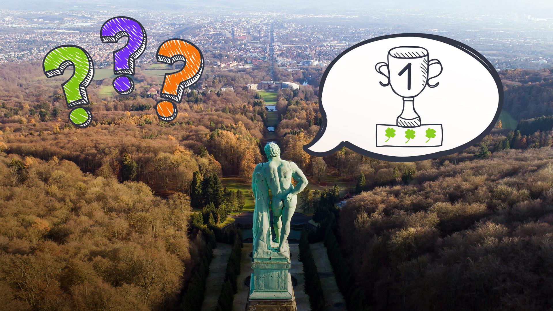 Collage: Kassel im Hintergrund mit Herkulesfigur von hinten - daneben Sprechblase mit Pokal und drei Fragezeichen