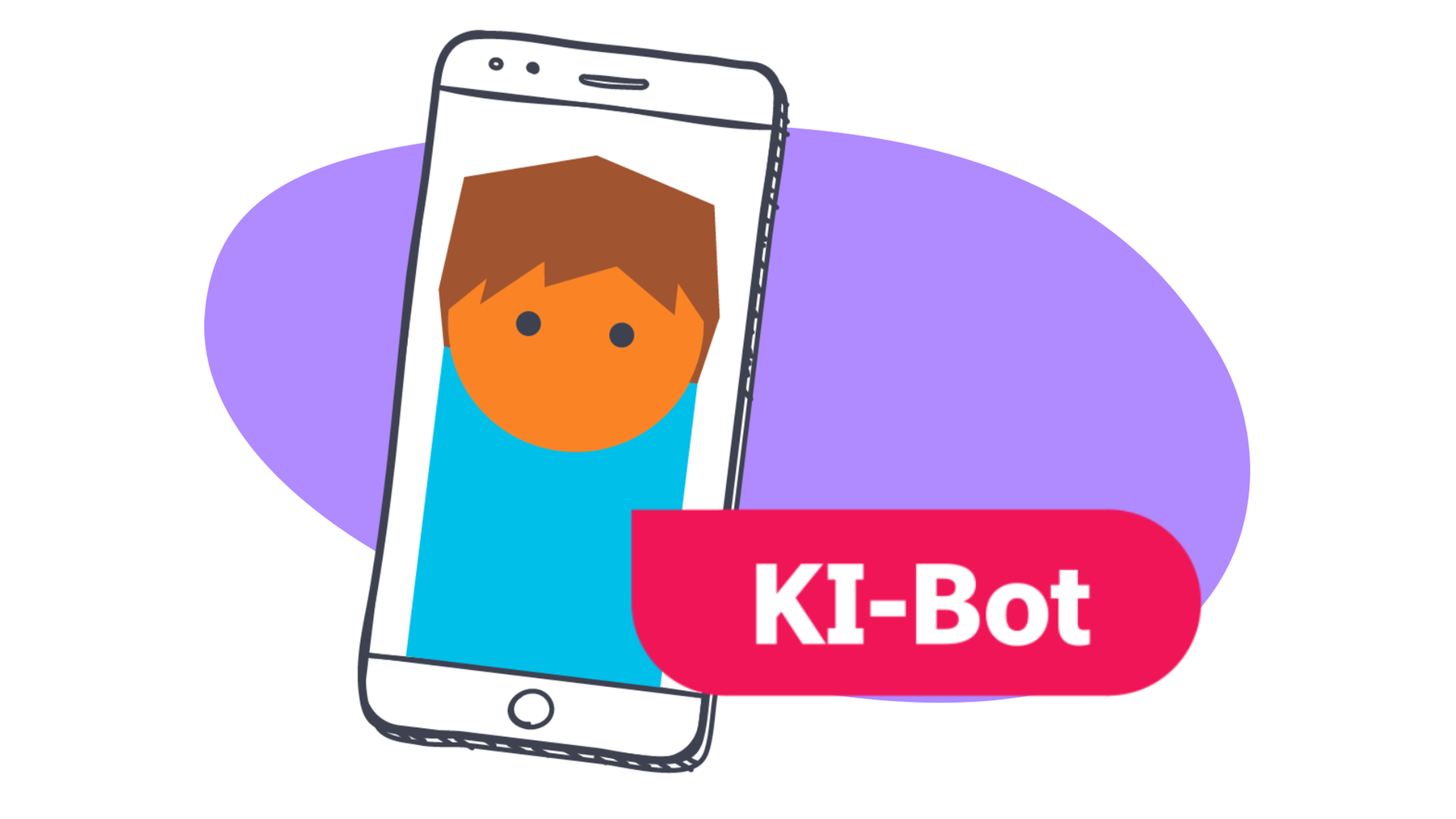 Handy mit Figur drauf, Text "KI-Chatbot"