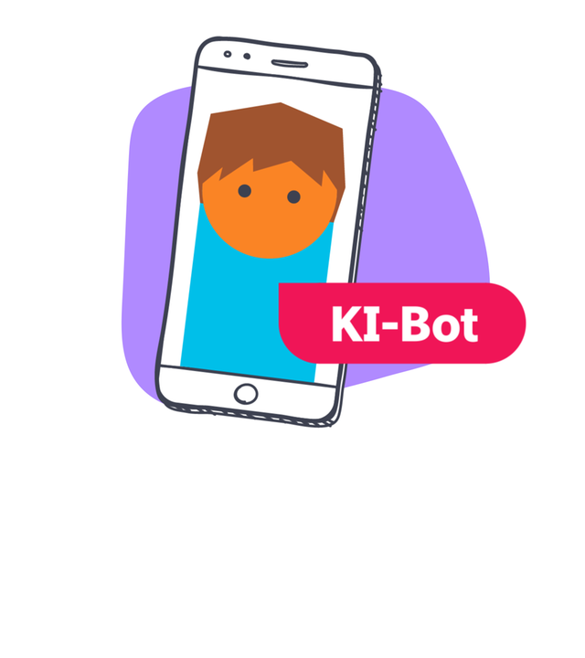 Handy mit Figur drauf, Text "KI-Chatbot"