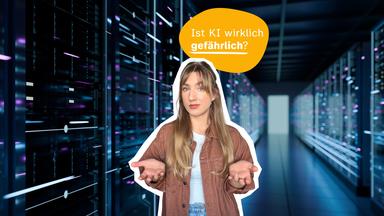 Host Johanna vor Datenhintergrund, daneben Schrift "Ist KI wirklich gefährlich?