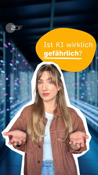 Host Johanna vor Datenhintergrund, daneben Schrift "Ist KI wirklich gefährlich?