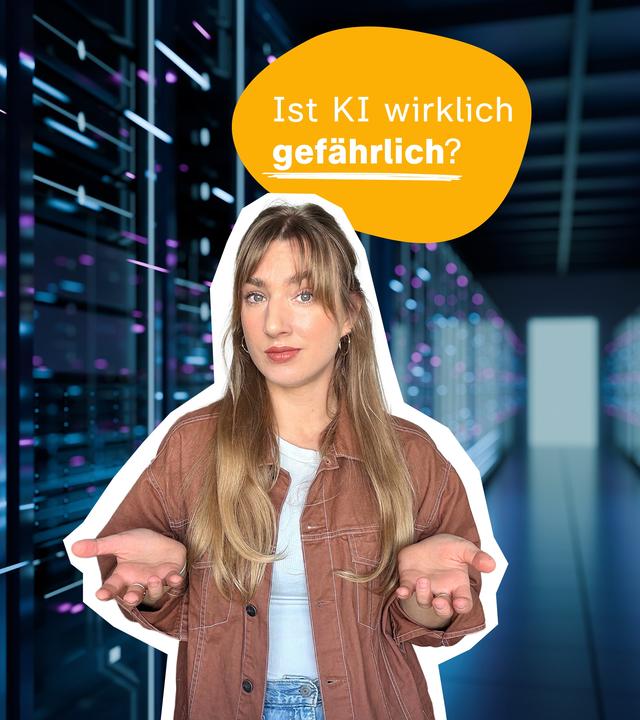 Host Johanna vor Datenhintergrund, daneben Schrift "Ist KI wirklich gefährlich?