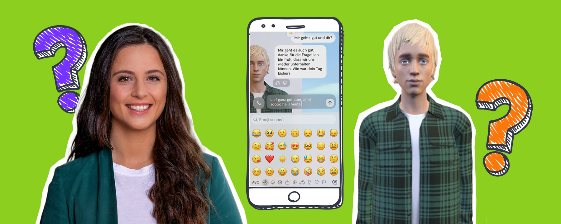 Die Moderatorin Teresa ist vor grünem Hintergrund zu sehen, daneben ein Handy mit Chat-Nachrichten von einem "KI-Freund"