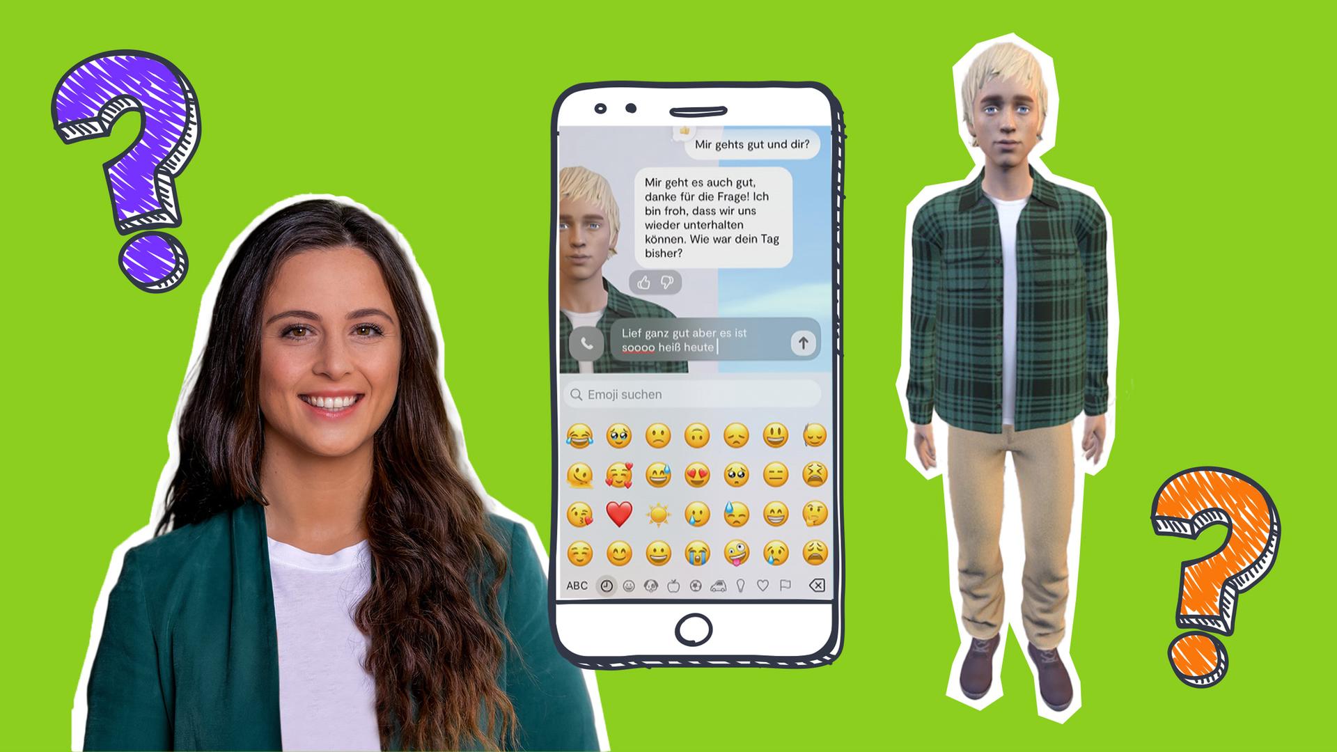 Die Moderatorin Teresa ist vor grünem Hintergrund zu sehen, daneben ein Handy mit Chat-Nachrichten von einem "KI-Freund"