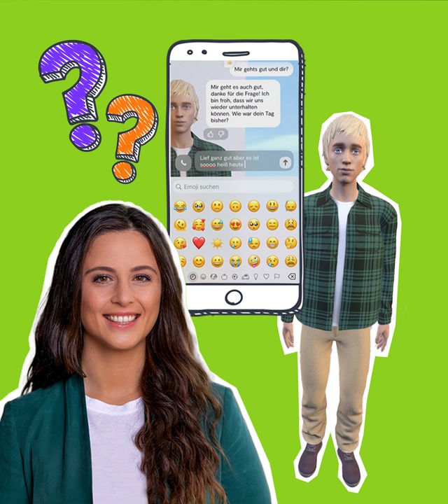 Die Moderatorin Teresa ist vor grünem Hintergrund zu sehen, daneben ein Handy mit Chat-Nachrichten von einem "KI-Freund"