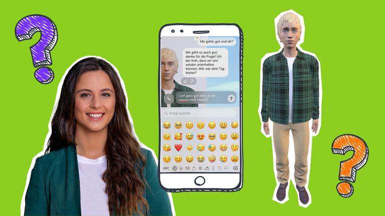 Die Moderatorin Teresa ist vor grünem Hintergrund zu sehen, daneben ein Handy mit Chat-Nachrichten von einem "KI-Freund"
