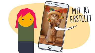 Grafik: Person mit Katzen-Aufdruck auf dem T-Shirt steht links und schaut rechts auf ein großes Handy mit KI-generiertem Katzenfoto. Auf das Handy zeigt ein Pfeil und es steht der Text "mit KI-erstellt" darüber.