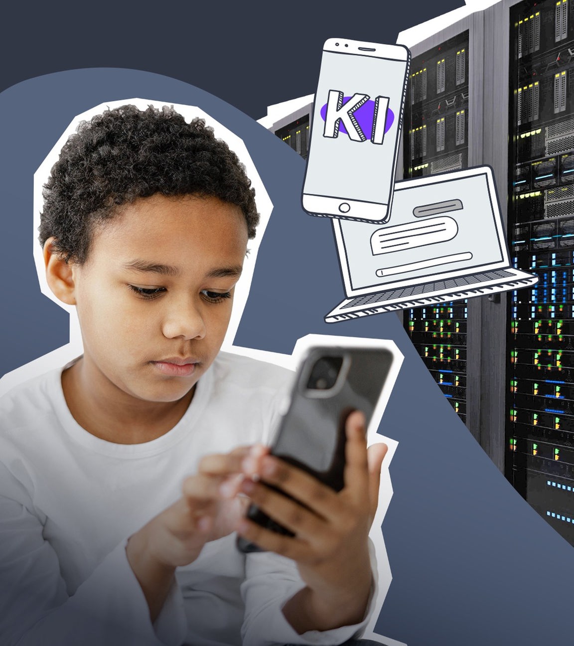 Junge am Handy, Server und Handy mit dem Schriftzug KI