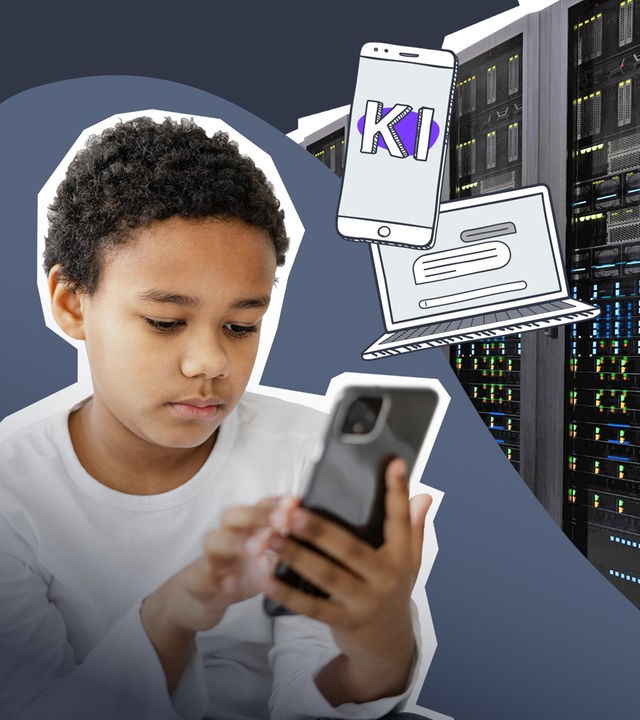 Junge am Handy, Server und Handy mit dem Schriftzug KI