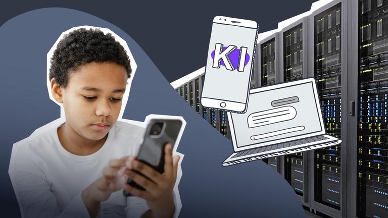 Junge am Handy, Server und Handy mit dem Schriftzug KI