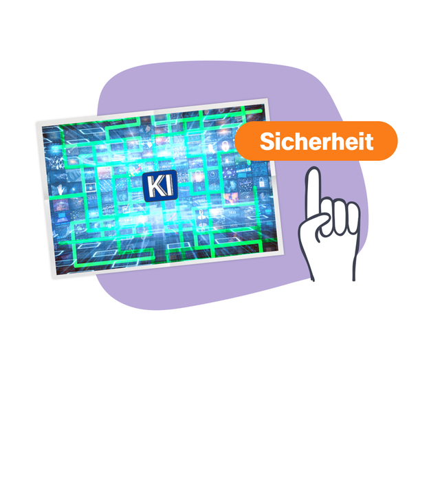 Grafik: KI-Netzwerk vor lila Hintergrund. Rechts daneben eine Hand die ihren Zeigefinger ausstreckt und auf das Wort Sicherheit zeigt. Dieses steht auf orangenem Hintergrund.