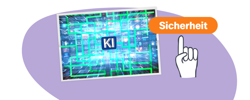 Grafik: KI-Netzwerk vor lila Hintergrund. Rechts daneben eine Hand die ihren Zeigefinger ausstreckt und auf das Wort Sicherheit zeigt. Dieses steht auf orangenem Hintergrund.