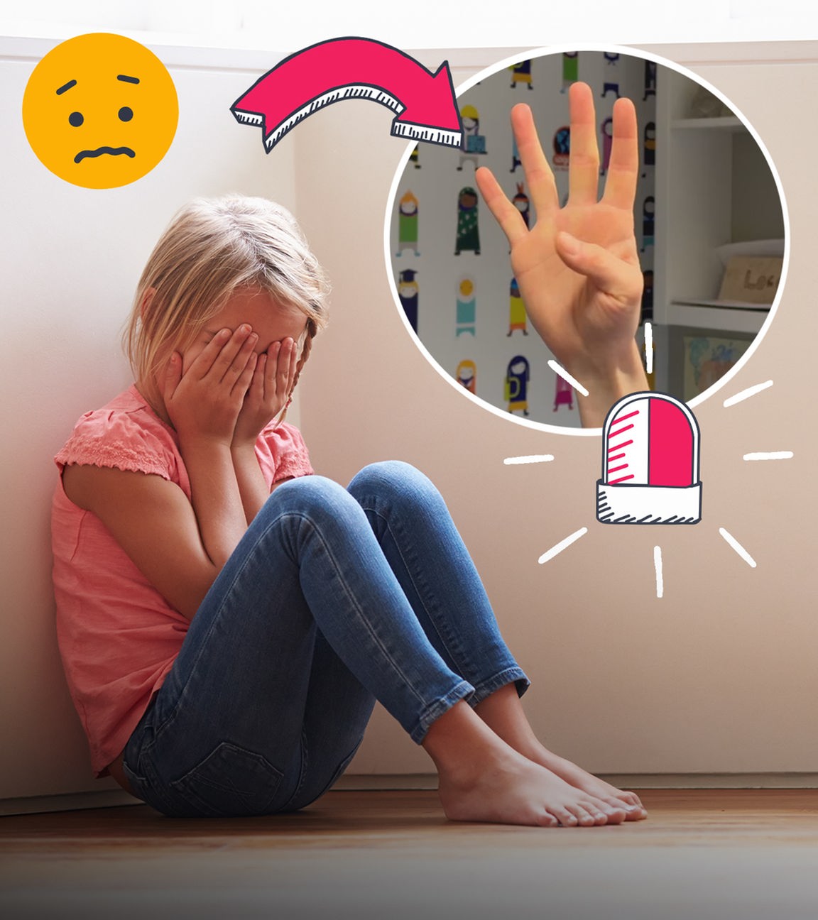 Weinendes Kind und das SOS-Handzeichen.