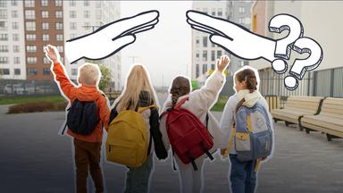 Kinder laufen auf einem Weg, alle tragen Rucksäcke und zwei strecken die Arme in die Luft. Darüber sind zwei gezeichnete Hände zu sehen und zwei Fragezeichen.