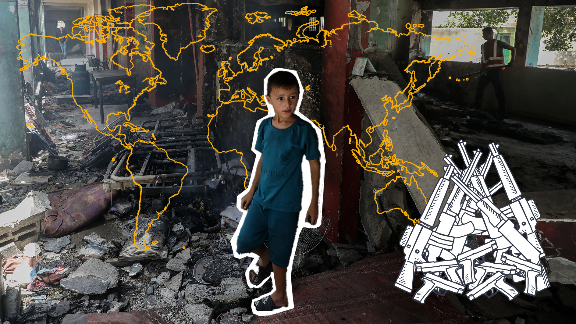 Junge im Gazastreifen in zerstörtem Haus, Umrisse von Welkarte und Grafik von Waffen.