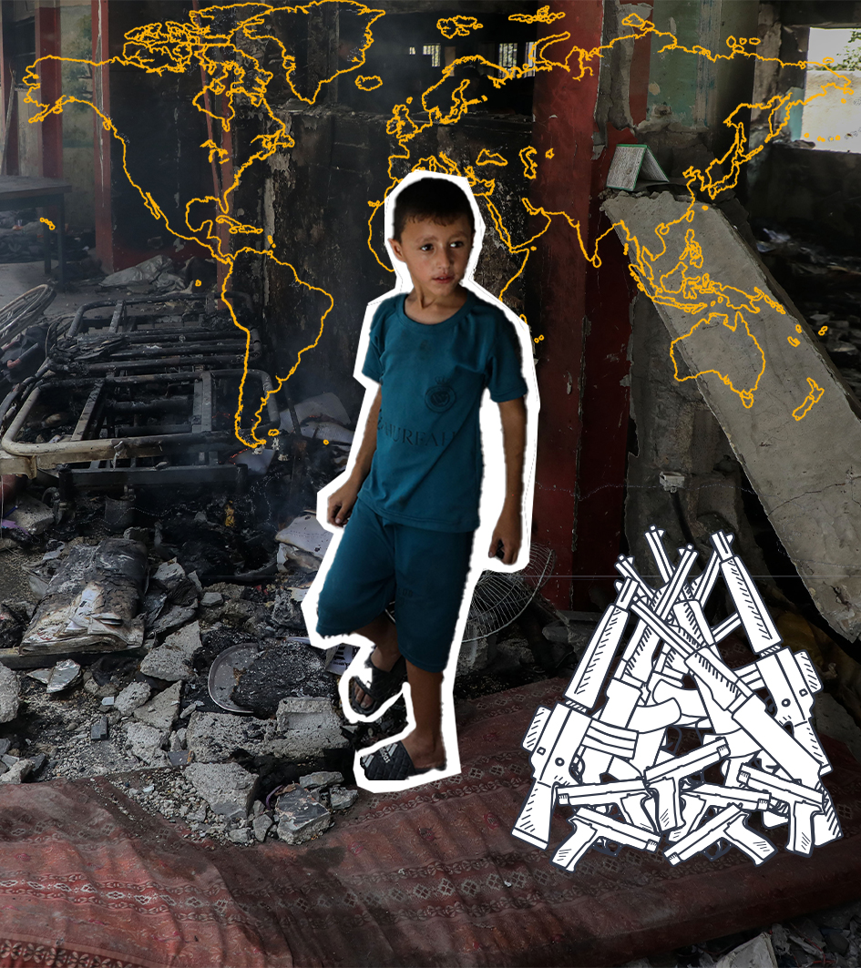 Junge im Gazastreifen in zerstörtem Haus, Umrisse von Welkarte und Grafik von Waffen.