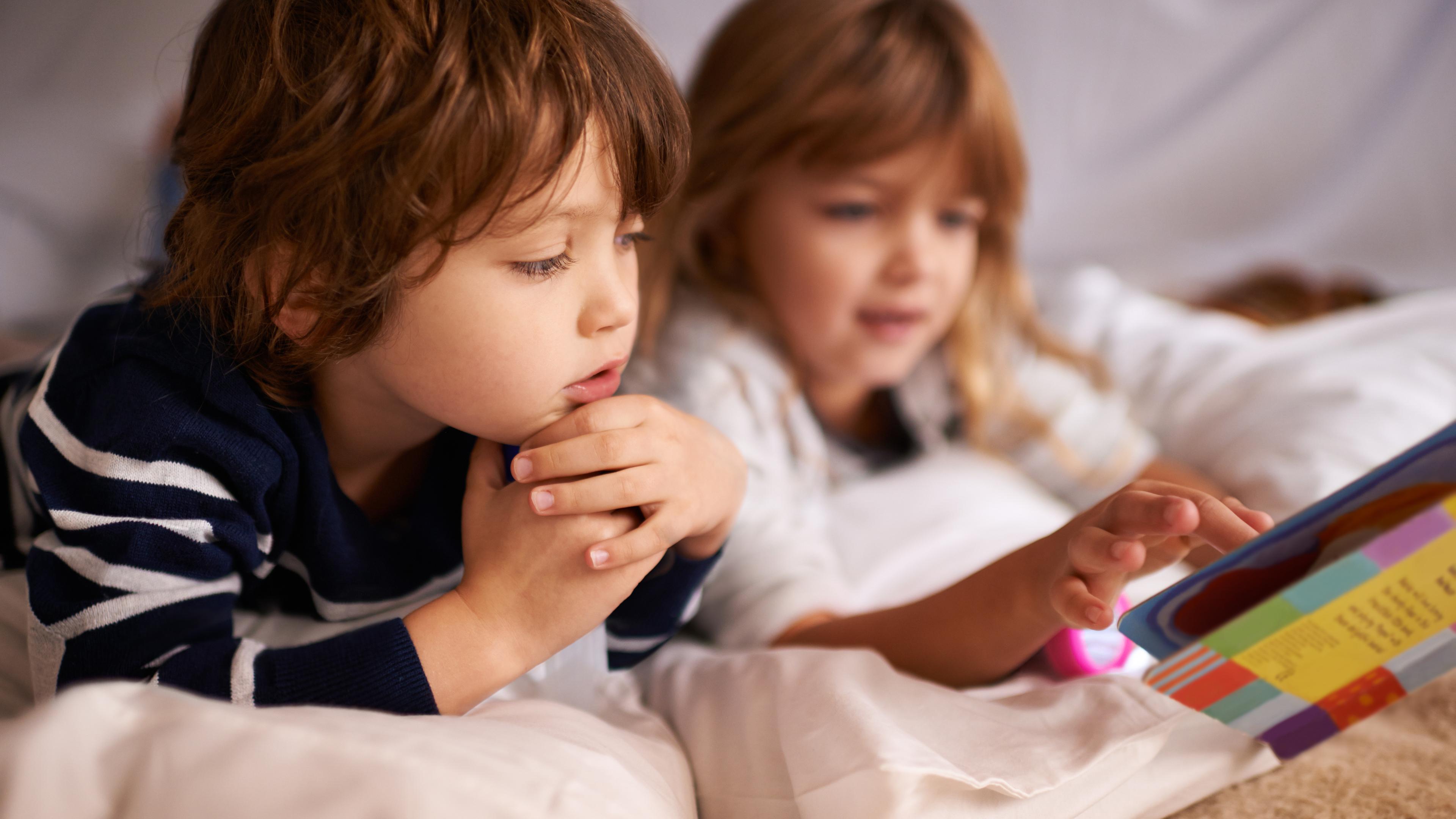 Zwei kleine Kinder lesen ein Buch