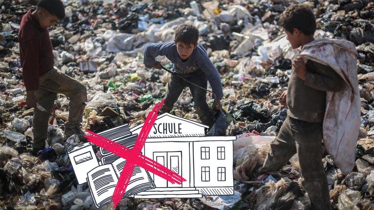 durchgestrichene Schule und arme Kinder in Syrien auf der Mülldeponie