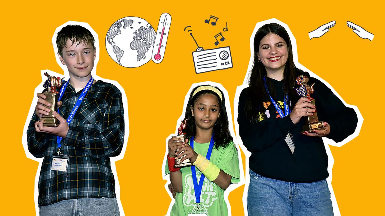  Von links nach rechts: Nathan, 13 Jahre (Projekt Köln "Klima schützen ..."), Bayaan, 10 Jahre (Projekt Berlin "Coole Kids ..."), Marie, 16 Jahre (Projekt Köln "Mentale Gesundheit ...").