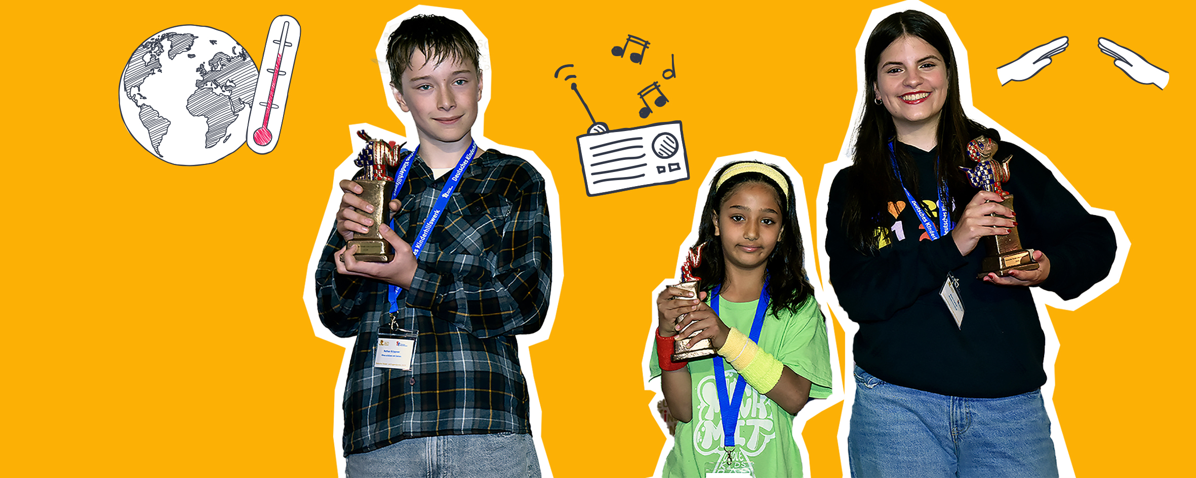  Von links nach rechts: Nathan, 13 Jahre (Projekt Köln "Klima schützen ..."), Bayaan, 10 Jahre (Projekt Berlin "Coole Kids ..."), Marie, 16 Jahre (Projekt Köln "Mentale Gesundheit ...").