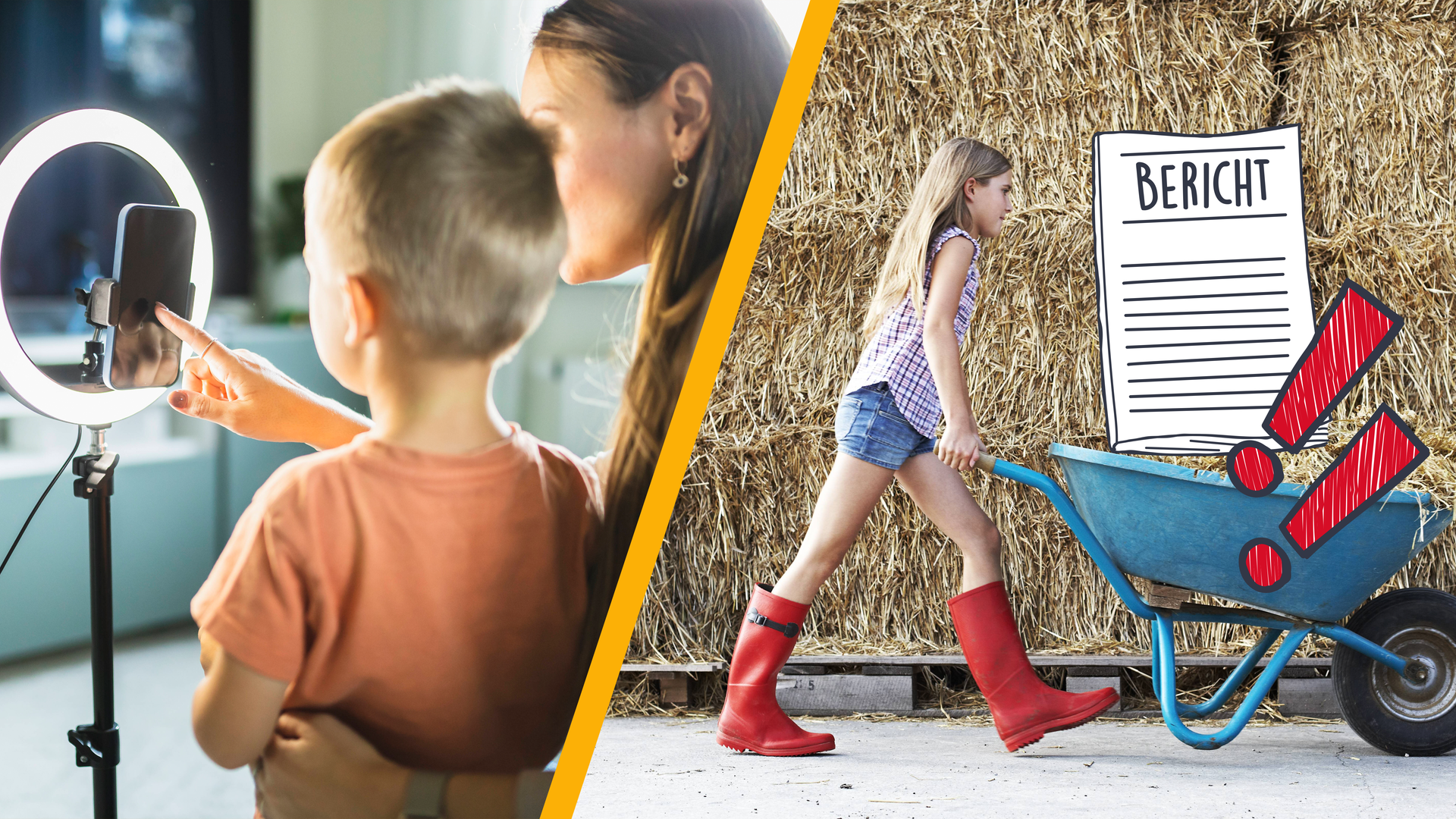 Ein Kind arbeitet mit Influencer-Mama und ein Kind schiebt eine Schubkarre mit Stroh