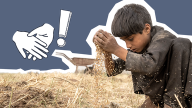 Ein Junge lässt Weizen aus seiner Hand fallen und hockt auf einem Feld, daneben zwei Hände und ein Ausrufezeichen