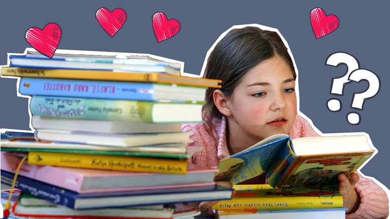 Mädchen liest Bücher, Fragezeichen und Herzchen