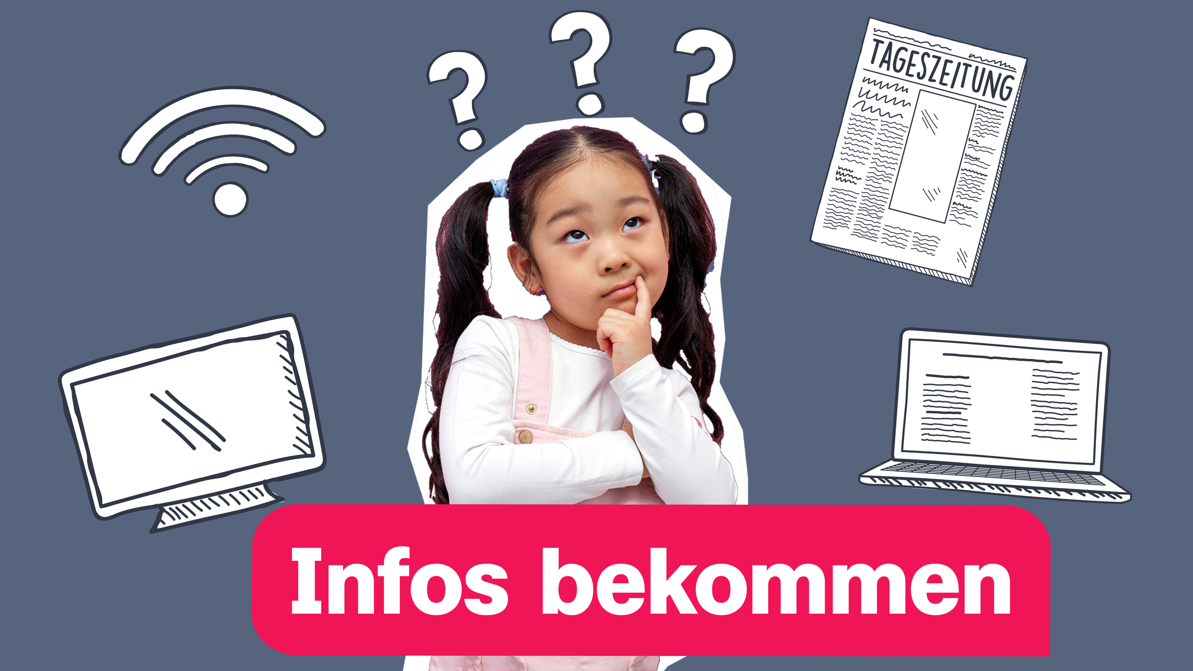 Mädchen mit verschiedenen Quellen denkend