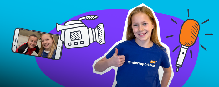 Kinderreporterin Thea mit Kamera und Mikrofon