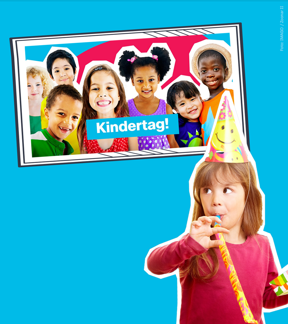 Viele Kinder, kunterbunt vor Schrift "Kindertag!"