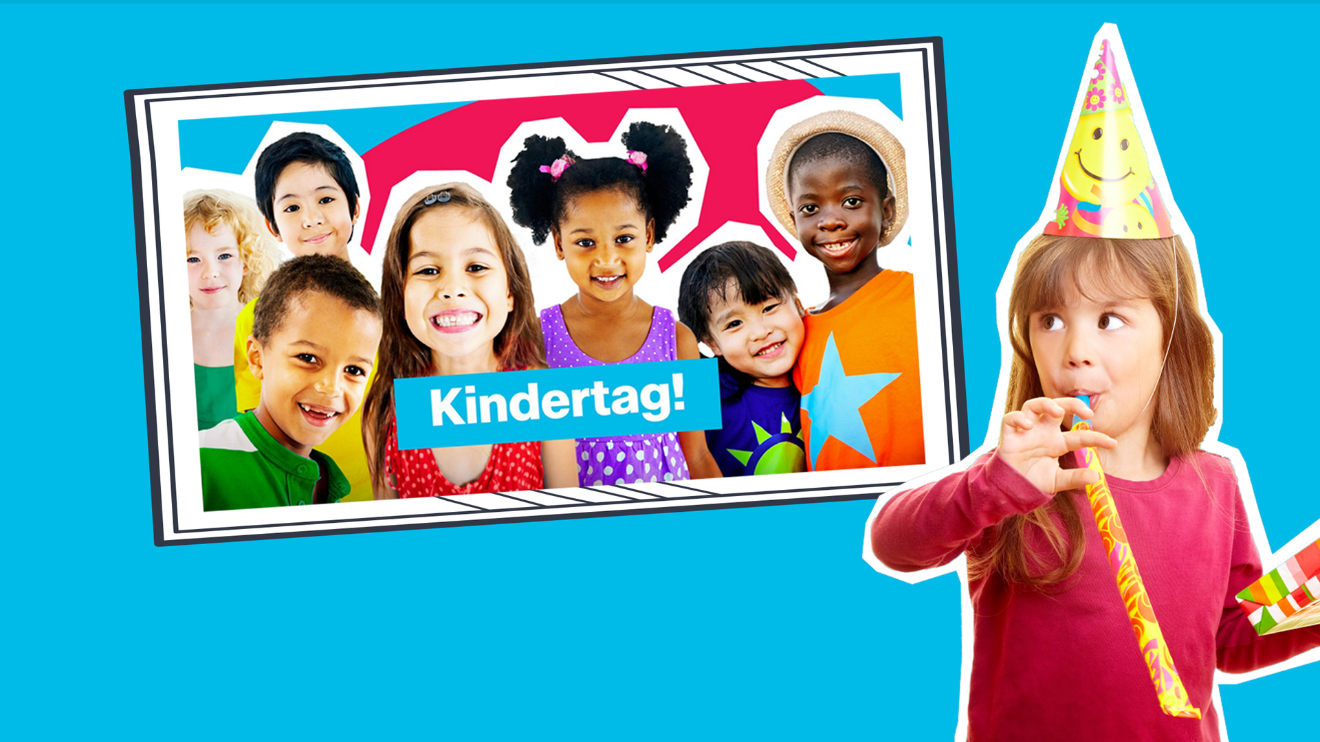 Viele Kinder, kunterbunt vor Schrift "Kindertag!"