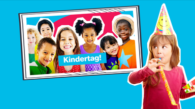 Viele Kinder, kunterbunt vor Schrift "Kindertag!"