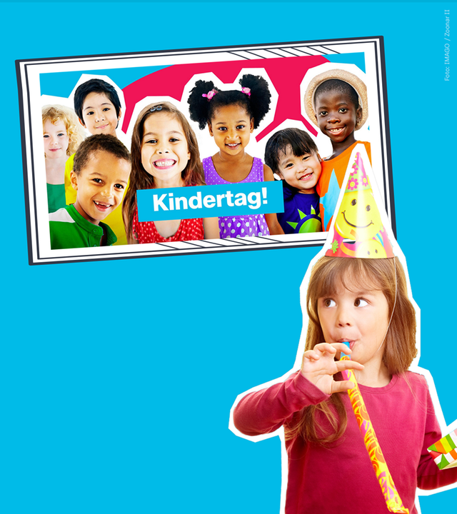 Viele Kinder, kunterbunt vor Schrift "Kindertag!"