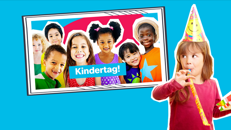 Viele Kinder, kunterbunt vor Schrift "Kindertag!"