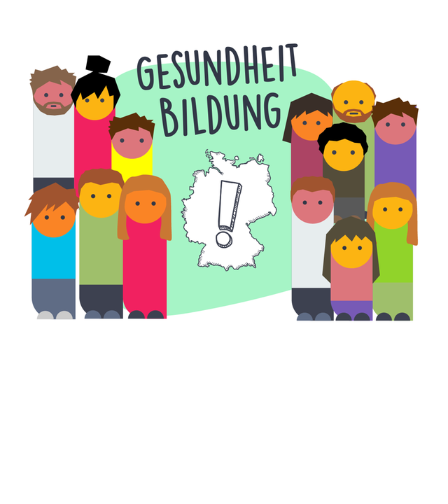 Eine Grafik zeigt mehrere Figuren, zu lesen ist: Gesundheit, Bildung. Darunter ist ein Umriss von Deutschland und ein Ausrufezeichen zu sehen.