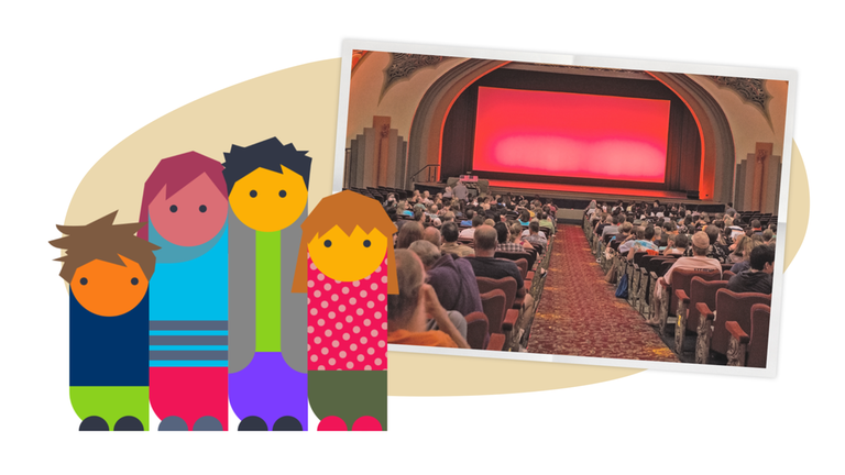 Eine Grafik zeigt eine Familie neben einem Foto von einem Kino