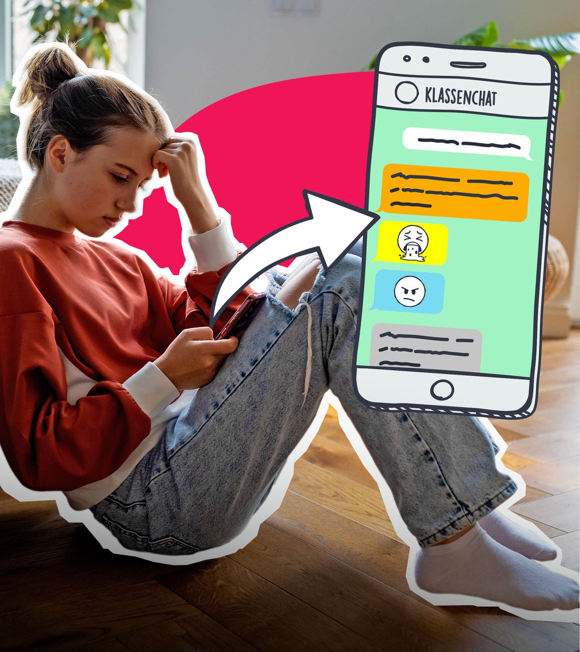 Grafik-Collage: Mädchen sitzt am Boden mit Handy, davon geht Pfeil Richtung grafisches Handy mit Klassenchat