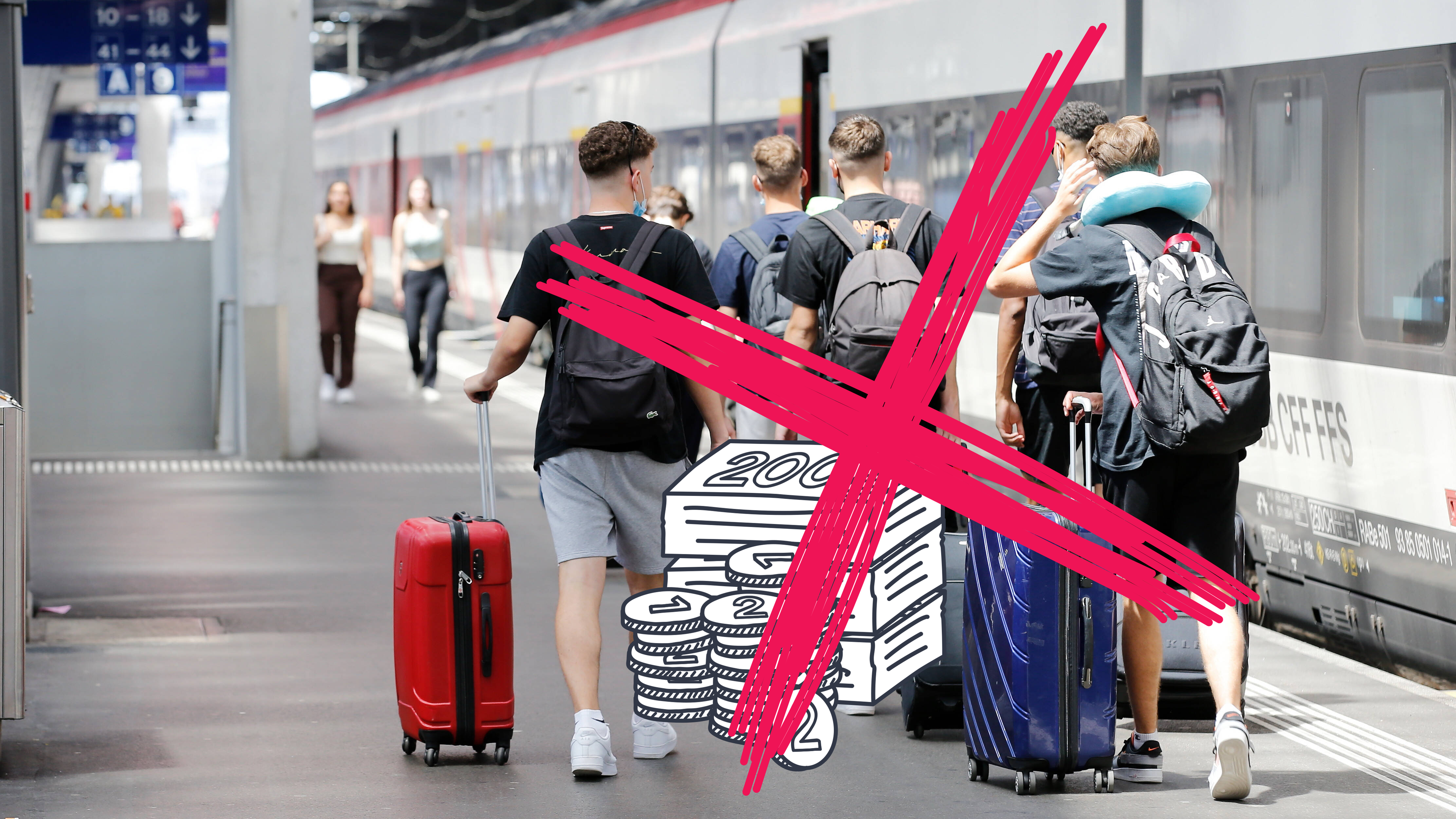 Schüler an einem Bahnsteig mit einer Geld-Grafik, alles ist durchgestrichen