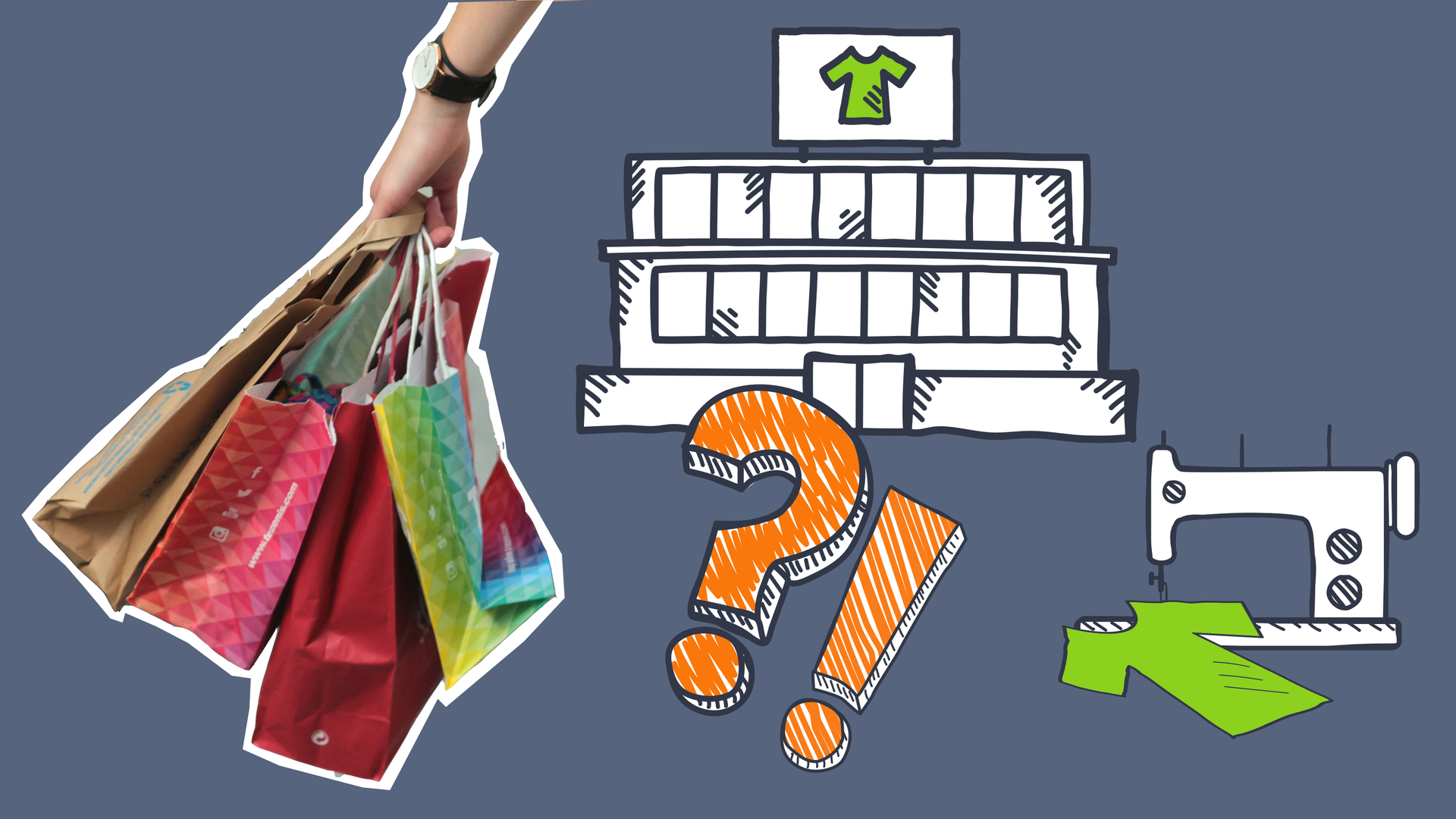 Grafik von Kleiderfabrik und Nähmaschine mit T-Shirt, Hand hält Shoppingtüten