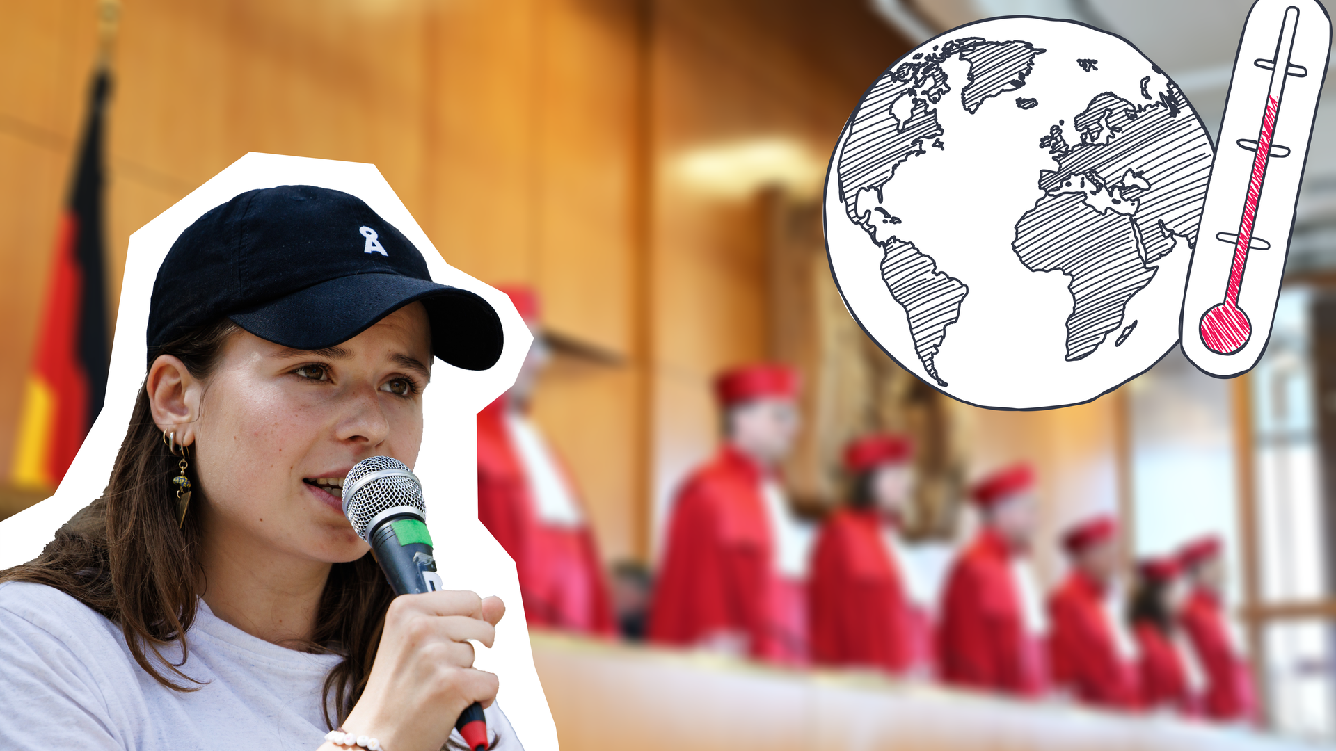 Verschwommen im HintergrundBundesverfassungsgericht, daneben Globus und Temperatursymbol und ein Foto von Luisa Neubauer