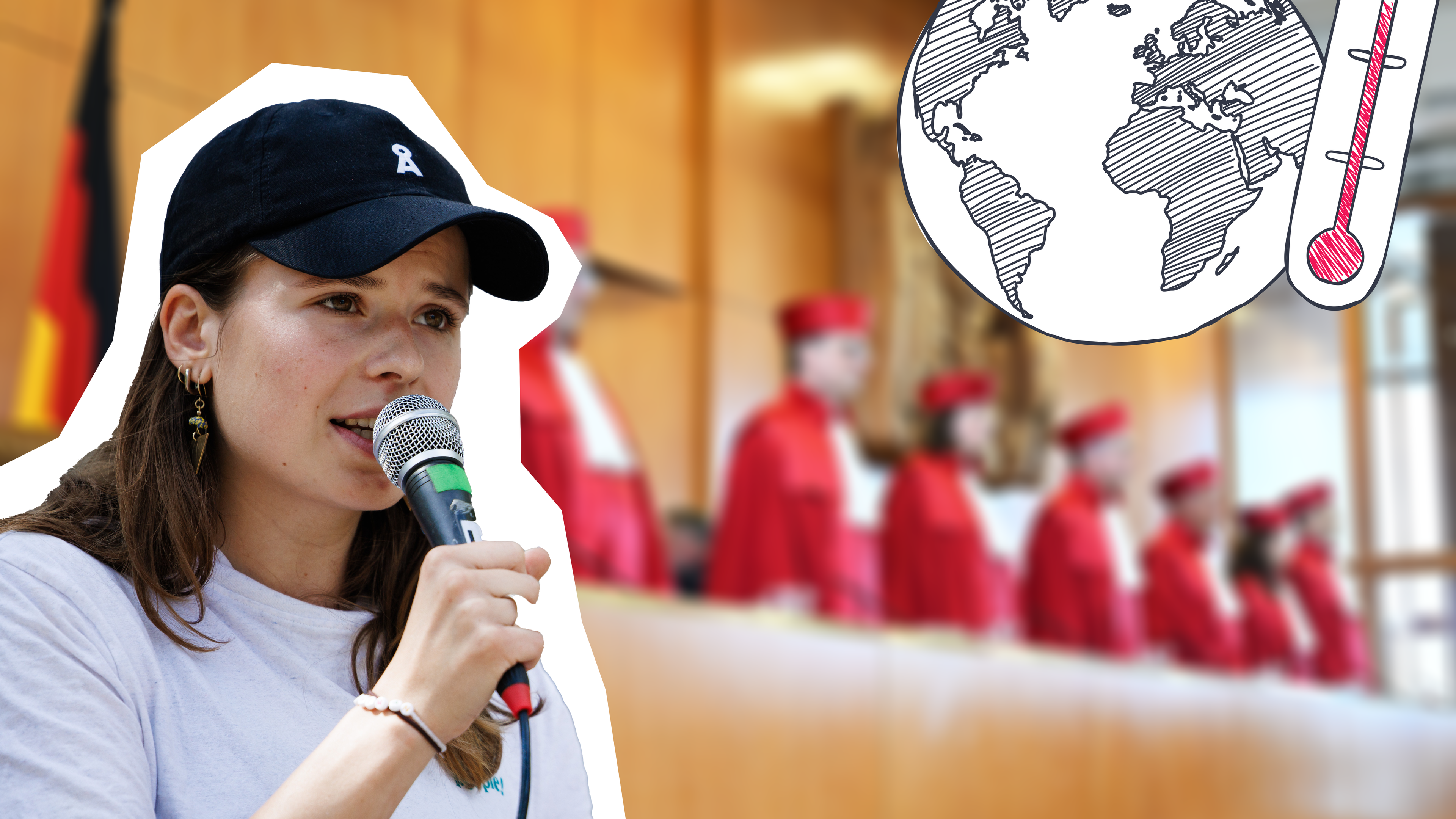 Verschwommen im HintergrundBundesverfassungsgericht, daneben Globus und Temperatursymbol und ein Foto von Luisa Neubauer
