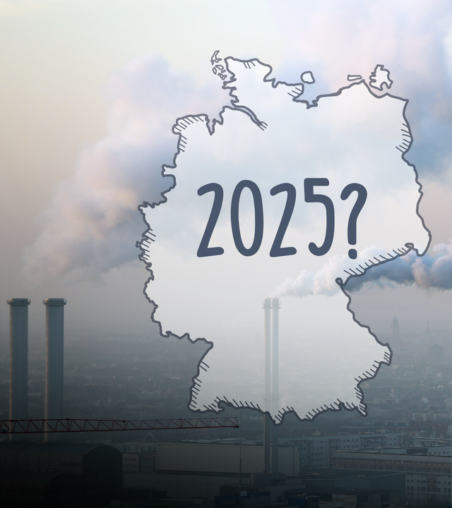 Rauchende Schornsteine, ein Umriss von Deutschland und die Zahlen "2025?"