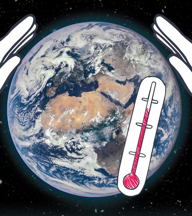  Erdkugel im All mit einem gezeichneten Thermometer und schützenden Händen.