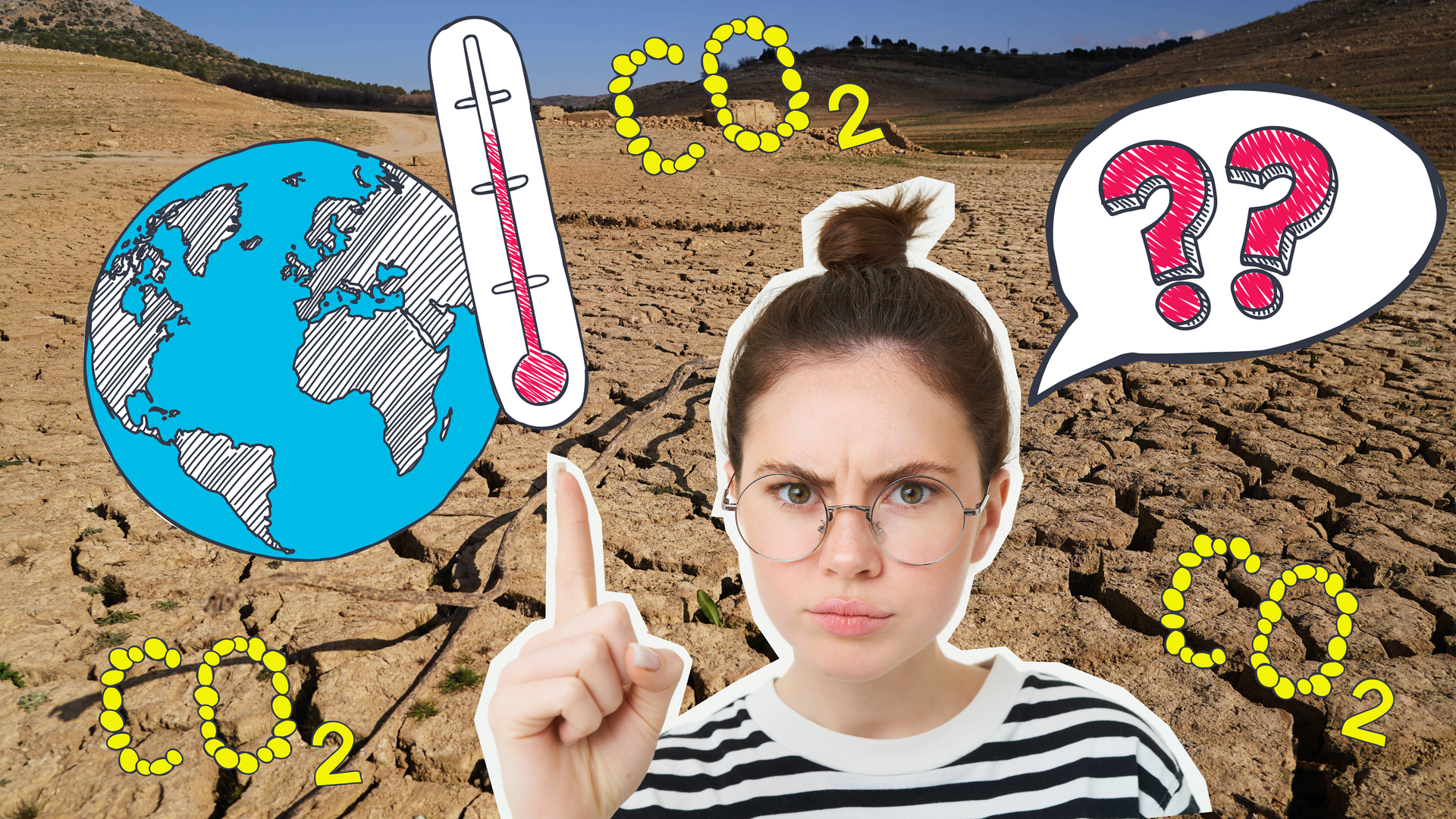 Erstaunte Jugendliche mit Fragezeichen, Klimawandel-Symbolbild und -Grafiken