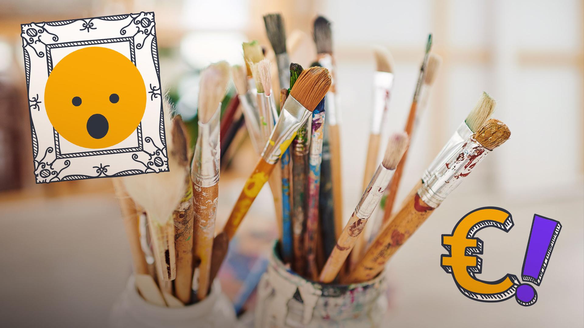 Malpinsel, ein Gemälde-Sticker mit einem überraschten Emoji darauf und ein Euro-Sticker mit Ausrufezeichen
