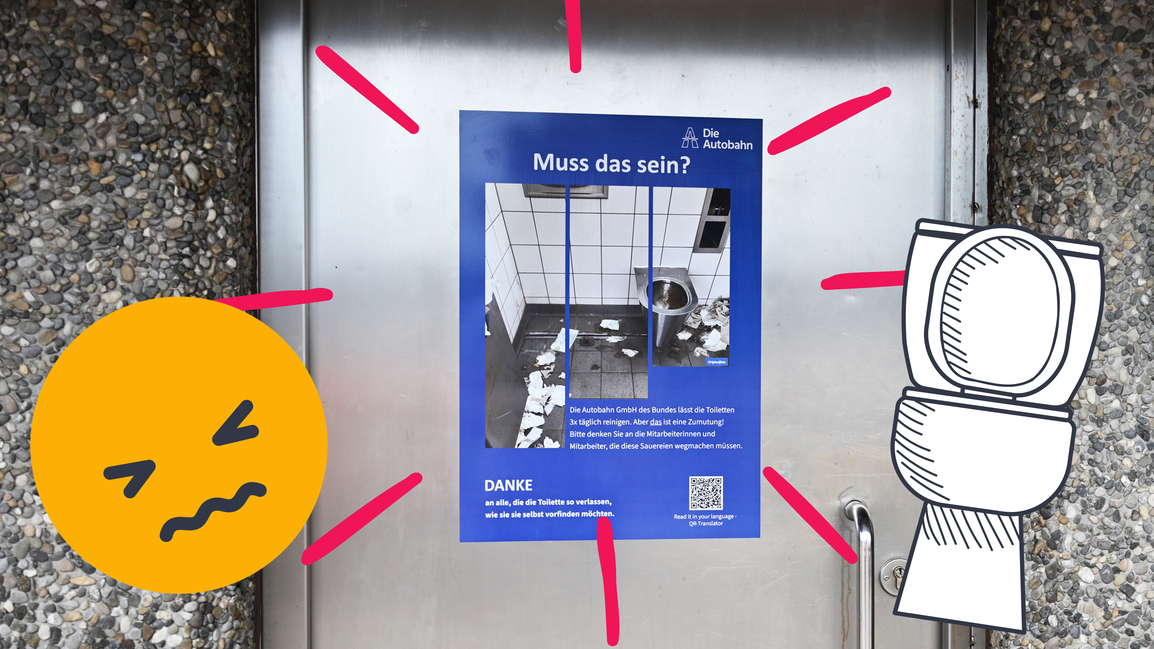 Plakat an Autonahnklo mit grafischem Klo und sich ekelndem Emoji