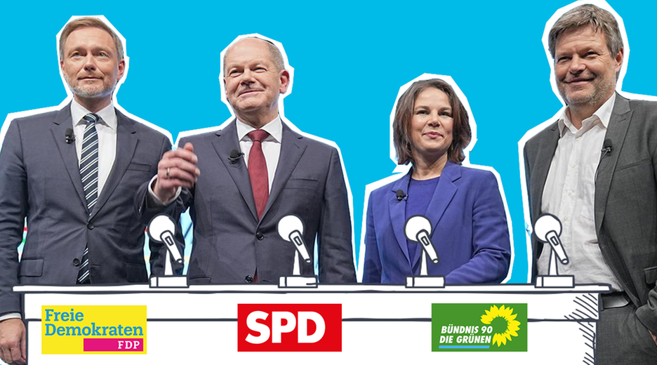  Von links nach rechts: Christian Lindner von der FDP, Bundeskanzler Olaf Scholz von der SPD und Annalena Baerbock und Robert Habeck von den Grünen regieren zurzeit zusammen.