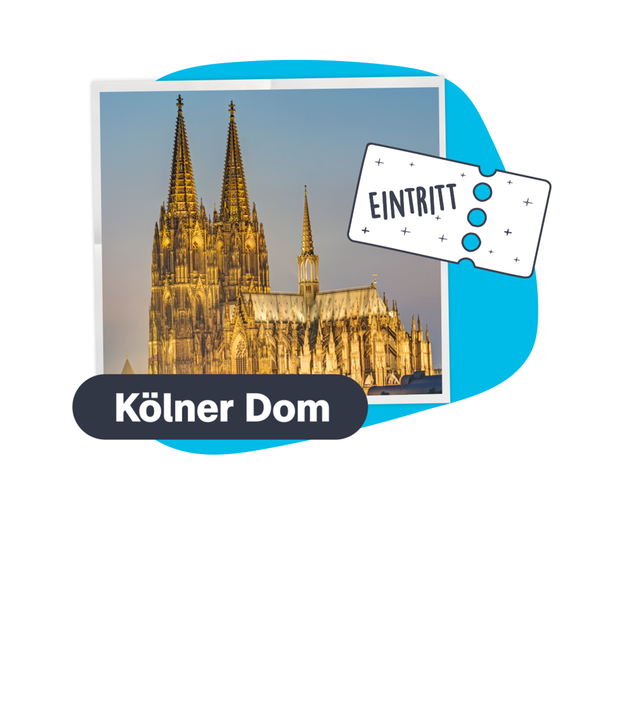 Der Kölner Dom ist zu sehen in abendlicher Beleuchtung. Daneben befindet sich ein grafisches Ticket-Symbol, auf dem Eintritt steht.
