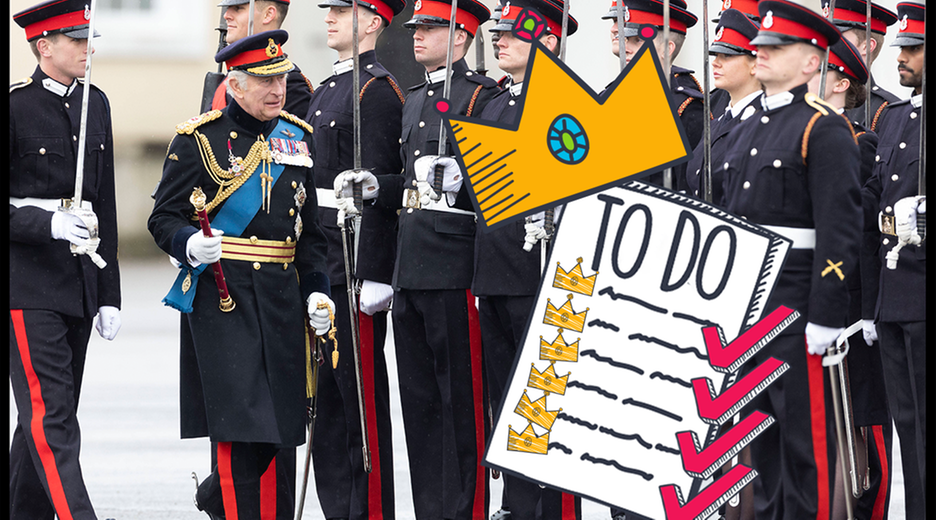 König Charles III. bei einer Parade, Krone mit To-Do-Liste